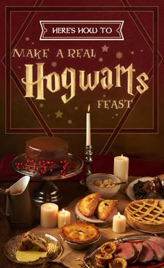 a hogwarts feast with candles on the table and an advertisement for harry's feast