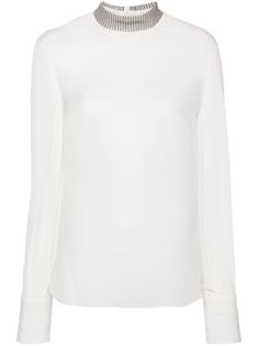 white silk crepe de chine mock neck signature Monili chain detail long sleeves buttoned-cuff sleeves curved hem concealed rear zip fastening Yoko London, City Dress, Iconic Bags, Summer Beach Wear, Blouse White, White Silk, Silk Crepe, Ballet Flat Shoes, Lady Dior