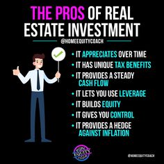 a man holding a magnifying glass with the words the pros of real estate investment