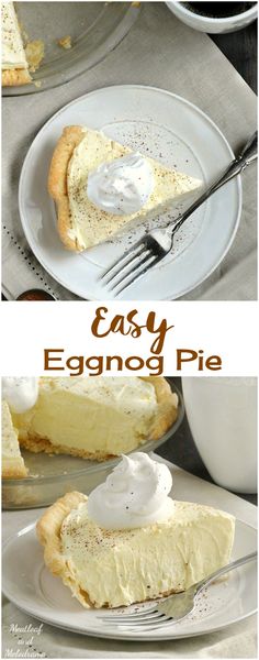 an easy eggnog pie is shown on a plate