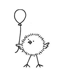 a black and white drawing of a bird holding a balloon