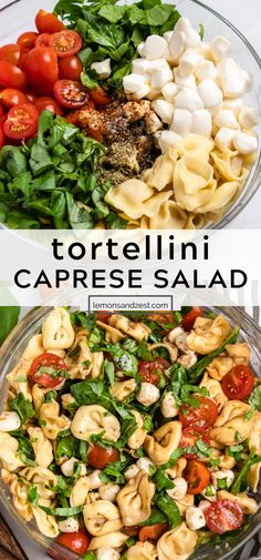 tortellini salad with tomatoes, mozzarella and spinach in a glass bowl