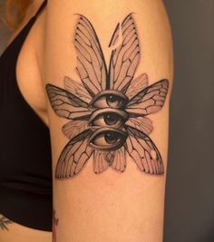 a woman's thigh with an eye tattoo on it