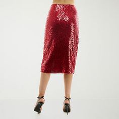 This Premier Amour women's red sequin pencil skirt is a glam style to add to your evening wear rotation. This midi skirt comes lined with a flat front waistband, side zip closure and a front slit for easy movement. Wear it with a blouse or camisole and heels. Front Style: Flat FrontFeatures: SequinsClosure Type: Side ZipperRise: At WaistApparel Length: 48 InchesFiber Content: 95% Polyester, 5% SpandexFabric Description: MeshLining: LinedLining Material: PolyesterSkirt Length: Knee LengthCare: L… Womens Pencil Skirts, Asymmetrical Skirt, Dark Red, Pencil Skirt, Sequin, Product Description, Skirt, Red, Color