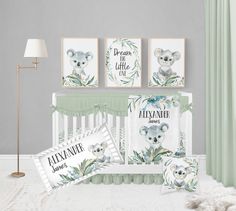 a baby crib bedding set with koalas and eucalyptus leaves