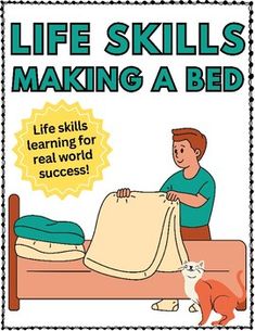 the book cover for life skills making a bed with a man and cat on it