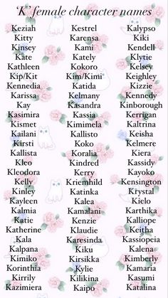 Girl names beginning in the letter ‘k’. Female Last Names, K Names For Girls, Girl Names For Characters, K Names For A Girl, Female Oc Names, Gothic Female Names, Names For Fictional Characters, Cute Female Names, Character Names Girl