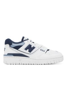 New Balance: White & Blue 550 Sneakers | SSENSE White Sporty Sneakers With Logo Patch On Tongue, Sporty White Sneakers With Logo Patch On Tongue, New Balance Sneakers With Perforations And Round Toe, New Balance Sneakers With Perforated Toe Box For Streetwear, Sporty White Skate Shoes With Logo Patch, New Balance Custom Sporty Sneakers With Logo Patch, New Balance Sporty Skate Shoes With Perforations, New Balance Skate Shoes With Perforations For Sports, New Balance High-top Sneakers With Perforations