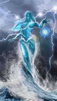 a woman standing on top of a wave in the ocean holding a lightening ball