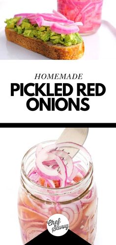 pickled red onions in a jar with text overlay that reads homemade pickled red onions