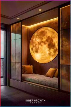 an image of a window with the moon in it's center and lights on