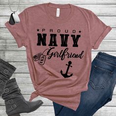 Navy Girlfriend Shirt, Military Girlfriend, Navy Girlfriend Gift, Anchor, Sailor Shirt, USA, Proud Navy Girlfriend, Navy Shirt Women  This printed design has been placed on a Bella Canvas 3001 t-shirt. The Bella Canvas unisex jersey 3001 features a crew neck with short sleeves. This shirt is super soft, lightweight, incredibly comfortable, and easy to maintain. This brand of t-shirt also breathes very well and has the perfect amount of stretch. It is very diverse in the fact that it looks great on several different body types and it is also flattering on both men and women. UNISEX SIZING * Please refer to the above sizing charts before ordering. Both sizing charts are located in the pictures above. Always measure your favorite t-shirt (that fits you best) before ordering  * These unisex t- Proud Navy Girlfriend, Navy Girlfriend, Girlfriend Shirt, Military Girlfriend, Navy Girl, Sailor Shirt, Girlfriend Shirts, Military Love, Army Wife