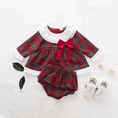 Plain Matching Pajamas 2-piece Plaid Dress & Shorts for Baby Girl – PrettyKid Bottoms Outfit, Christmas Suit, Newborn Baby Girls, Red Plaid Dress, Dress Tops, Kids Boutique Clothing, Ruffle Long Sleeve, Long Sleeve Plaid Shirt