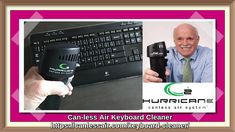 a man holding a can opener in front of a computer keyboard and mouse with the caption, can - less air keyboard cleaner