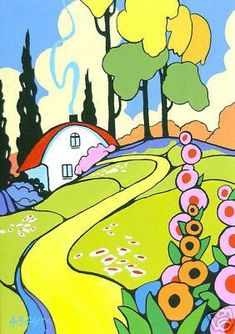 an image of a painting with flowers in the foreground and houses in the background