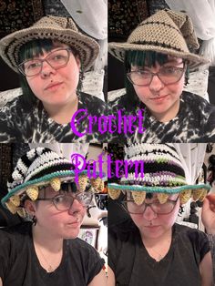 three pictures of a woman with green hair wearing a crochet hat and glasses