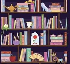 a bookshelf filled with lots of different types of items on top of it