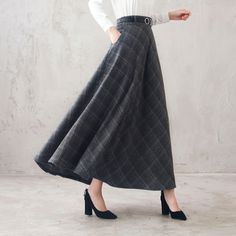 "This winter wool skirt is a classic piece of tailoring that will see you through rain or shine. It is cut with a flattering flared skirt to give you a wonderful shape. The winter skirt is perfect classic styling and ends at the ankle. This is a versatile skirt that you'll wear again and again. DETAILS: * More colors available https://etsy.me/2WgHgmy * 30% wool, 30% fiber, 40% polyester * fully satiny liner * Two side pockets * Right zip closure * has belt loops to keep everything in place * ela Long Wool Skirt For Workwear, Wool Long Skirt For Workwear, Relaxed Fit Wide Leg Winter Skirt, Wool Flared Maxi Skirt For Work, Winter Wool Pleated Skirt Bottoms, Wool Pleated Skirt For Winter, Winter High Waist Pleated Maxi Skirt, Elegant Plaid Skirt, High Waist Pleated Maxi Skirt For Winter