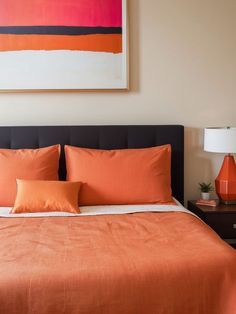 Pink And Orange Art, Orange Artwork, Neutral Bedding, Minimalist Furniture, Orange Art, Dream Bedroom, Abstract Paintings, Home Decorating, Your Dream