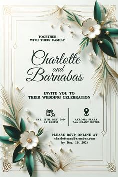 an elegant wedding card with flowers and greenery on the front, in green and white