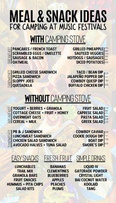 a poster with the words meal and snack ideas for camping at music festivals in white