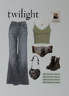 a woman's clothing and accessories are displayed in this ad for twilight, which features high waisted jeans