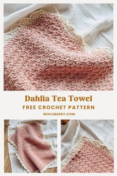 the pattern for dahla tea towel is shown in pink and white, with text overlay