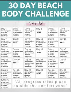 the 30 day beach body challenge is shown in pink and blue with text overlay