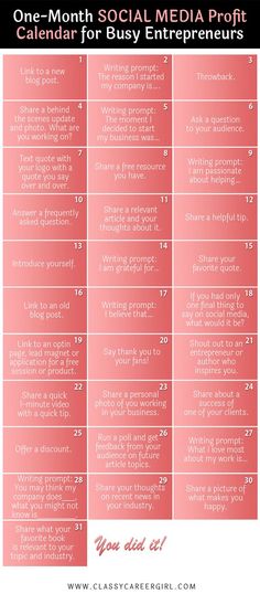 a pink and black calendar with the words, one - month social media proft calendar for