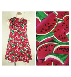 "DESCRIPTION Tropical Watermelon Dress  MEASUREMENTS/SIZE Measurements are taken along one side of garment lying flat  (DOUBLE for all the way round measurements). Bust: 45cm / 17.7\" Waist: 55cm / 21.7\" Length: 79cm / 31.1\" No tag that indicates size.  Please check measurements to make sure it fits you.  BRAND Mrs. Tee  MATERIAL n/a  CONDITION  Excellent pre-owned condition   COLOURS Please keep in mind that the actual colour of an item may be slightly different to that shown on your computer Melon Dress, Fruit Dress, Watermelon Dress, Blue Jean Overalls, Green Fruit, Jean Overalls, Dress Measurements, Dress Pink, Dress Clothes For Women