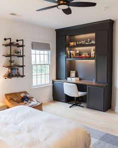 a bedroom with a bed, desk and shelves