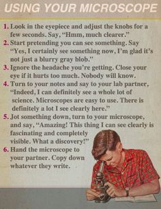 an advertisement for microscopes with a man looking through a magnifying glass in front of him