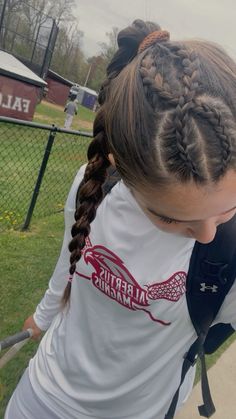 Two dutch crossover braids into one high braid Braided Basketball Hairstyles, Two Braids Front Of Hair, Cute Braids For Sports, Dutch Braid Hairstyles For Softball, Crossover Braids Hairstyles, Cute Braided Up Hairstyles, Up Hairstyles Sports, Braids For Volleyball Games