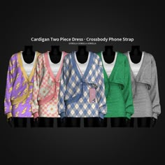 four sweaters are lined up on display in front of a black background with the words cardigan two piece cross - body phone strap