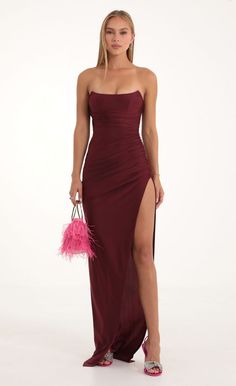 Corset Strapless Maxi Dress in Red | LUCY IN THE SKY Corset Dress Casual, Corset Dress Formal, Burgundy Strapless Dress, Dinner Dress Ideas, Wine Red Prom Dress, Matric Dance Dress, Maroon Prom Dress, Corset Top Dress, Vietnam Trip