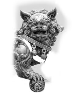 a black and white photo of a lion head with ornate decorations on it's face