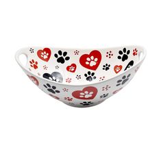 a white bowl with hearts and paw prints on it, sitting in front of a white background