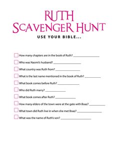 the truth about ruth scavenger hunt is shown in this printable worksheet