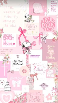 a collage of pink and white images with hearts, flowers, and other words