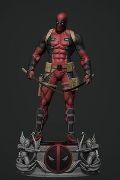 a deadpool statue is shown on a black background, with an arrow in his hand