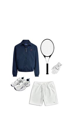 a tennis outfit is shown with shoes and a racket