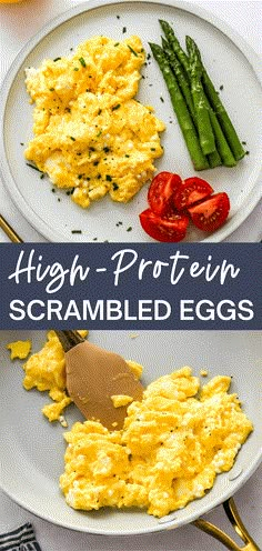 scrambled eggs on a plate with asparagus and tomatoes