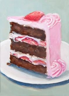 a painting of a piece of cake on a plate with a pink frosting heart