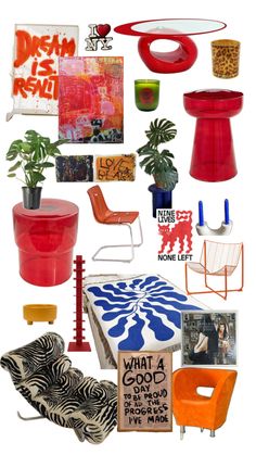 an assortment of colorful furniture and decor items