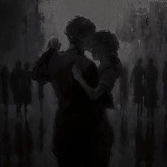 a painting of two people hugging each other in front of a group of silhouettes