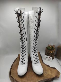 This is handmade genuine leather custom made Victorian style women's boots. ** İt will come with two different lace. Black and white. Every size avaialble.  Made with natural leather and special tapestry.  Boots high is apx. 16 inches 40 cm. There is heel 2.3 inches, 6 cm heel. Custom made. İf you need wider calf size please send us your calf circle measurements from widest part.  Door to door express shipping.  Handmade.  Made in Turkey.  Top quality materials used.  Very comfy.  İf you have an White Leather Wedge Boots With Round Toe, White Leather Knee-high Boots With Snip Toe, White Leather Fitted Mid-calf Boots, Fitted White Leather Mid-calf Boots, White Leather High Heel Wedge Boots, White Leather Knee-high Boots With Round Toe, Leather High Heel Boots With Laces, White Leather High Heel Knee-high Boots, Fitted Leather Wedge Boots With Round Toe