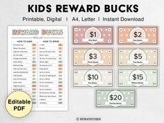 printable reward bucks for kids to use on their own phone or laptops, including $