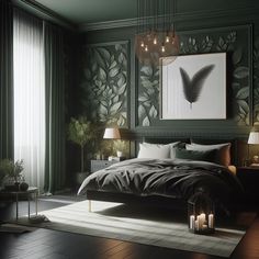 a bedroom decorated in green and white with candles on the nightstands next to the bed