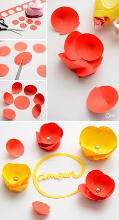 the instructions for making paper flowers are shown in several different pictures, including one with scissors and