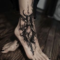 Foot Tattoos Vector Tattoo Designs Dark Whimsical Tattoo, Leg Cover Up Tattoos For Women, Goddess Lilith Tattoo, Full Spine Tattoos For Women, Gothic Sleeve Tattoo, Top Of Foot Tattoo, Foot Tattoos For Women Unique, Blackout Tattoo Ideas, Giant Tattoo